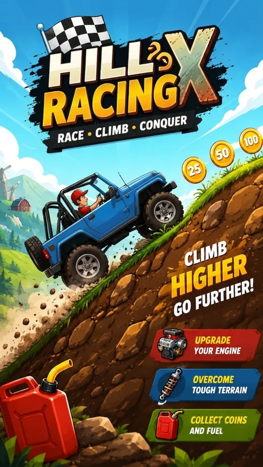 HillRacingX climb higher collect coins screenshot