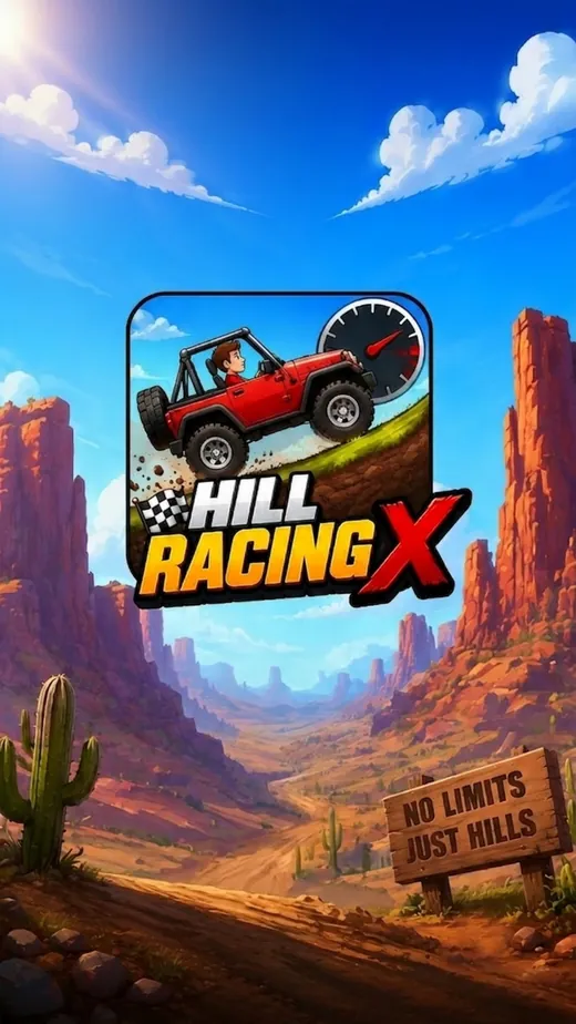 HillRacingX app icon and desert road background
